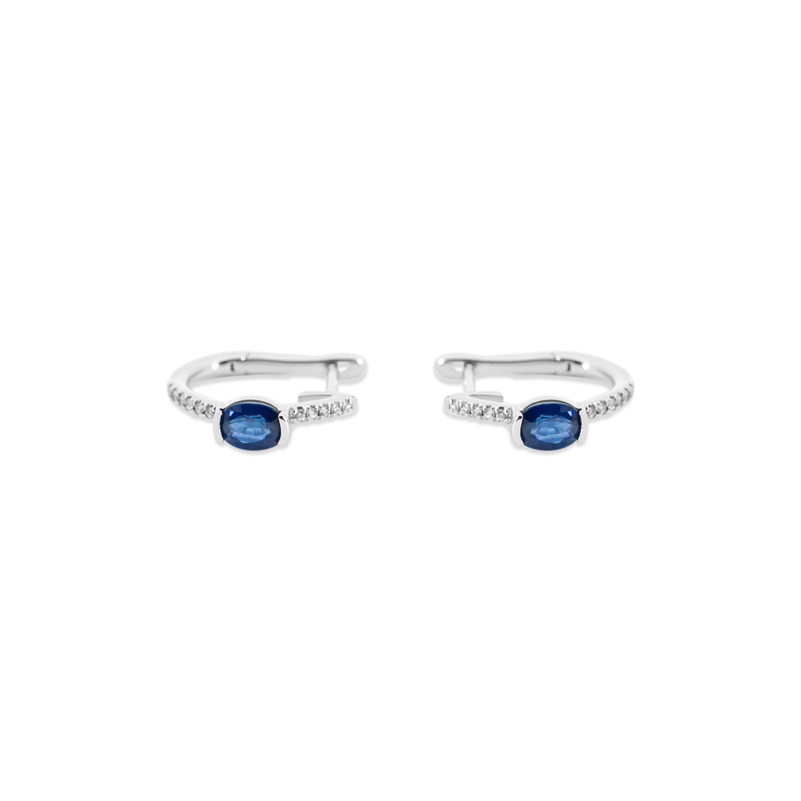 Blue Sapphire Oval and Diamond Huggie Earrings
