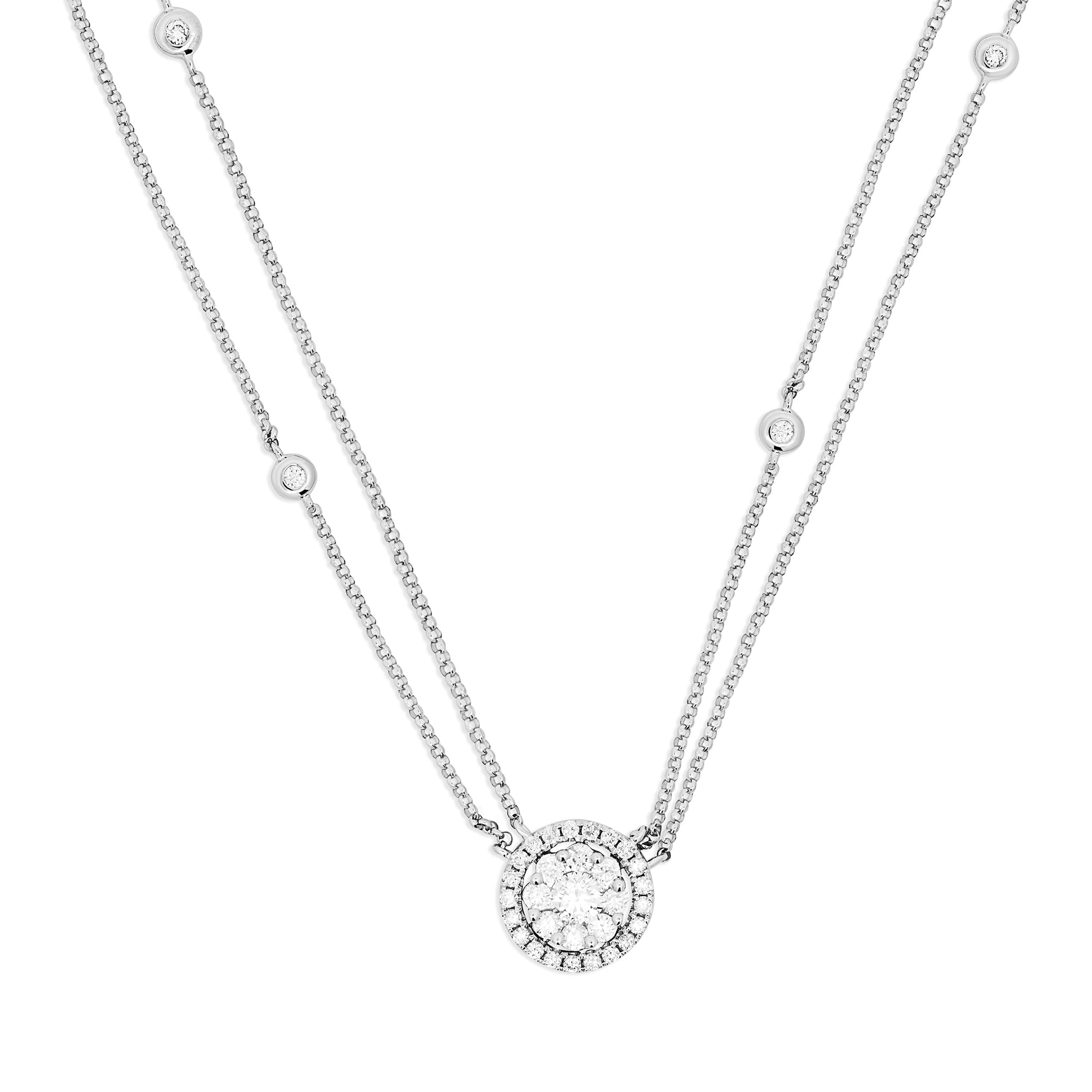 Double Chain Round Diamond Pendant Necklace