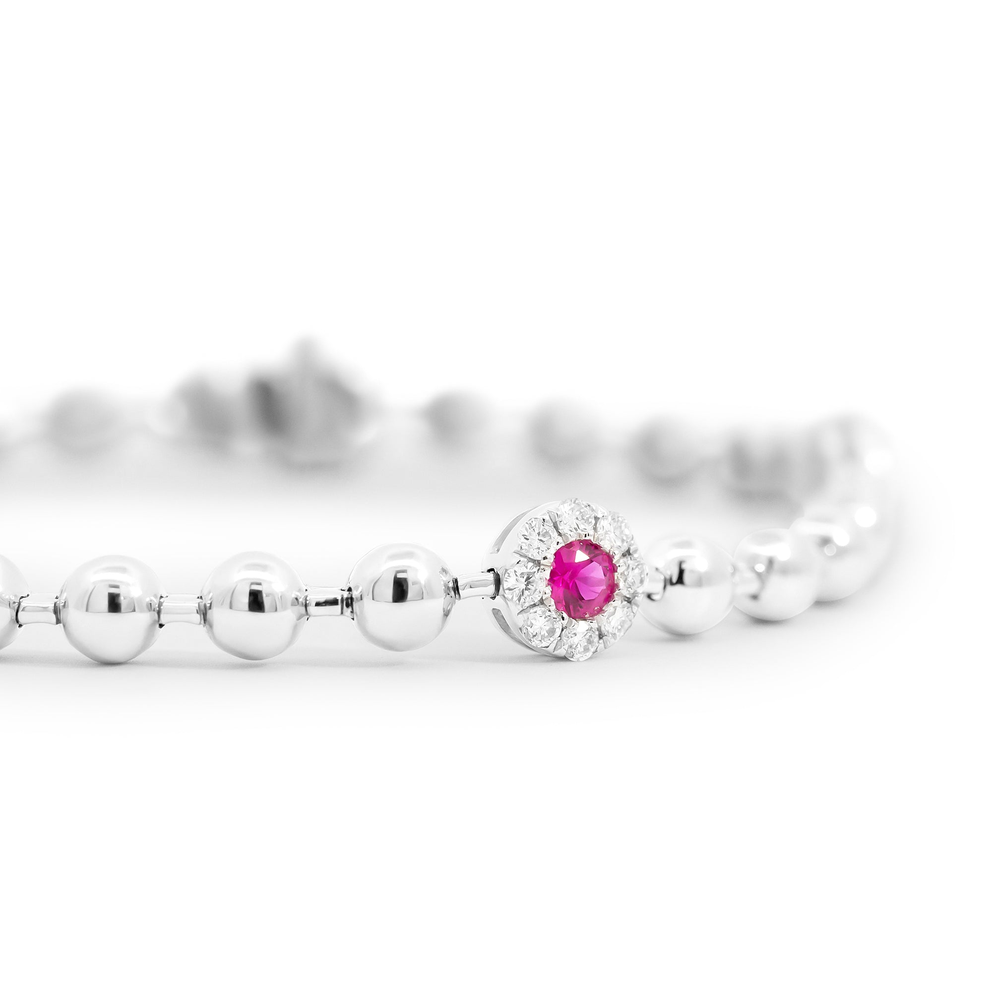 Diamond and Ruby Flower Ball Chain Bracelet