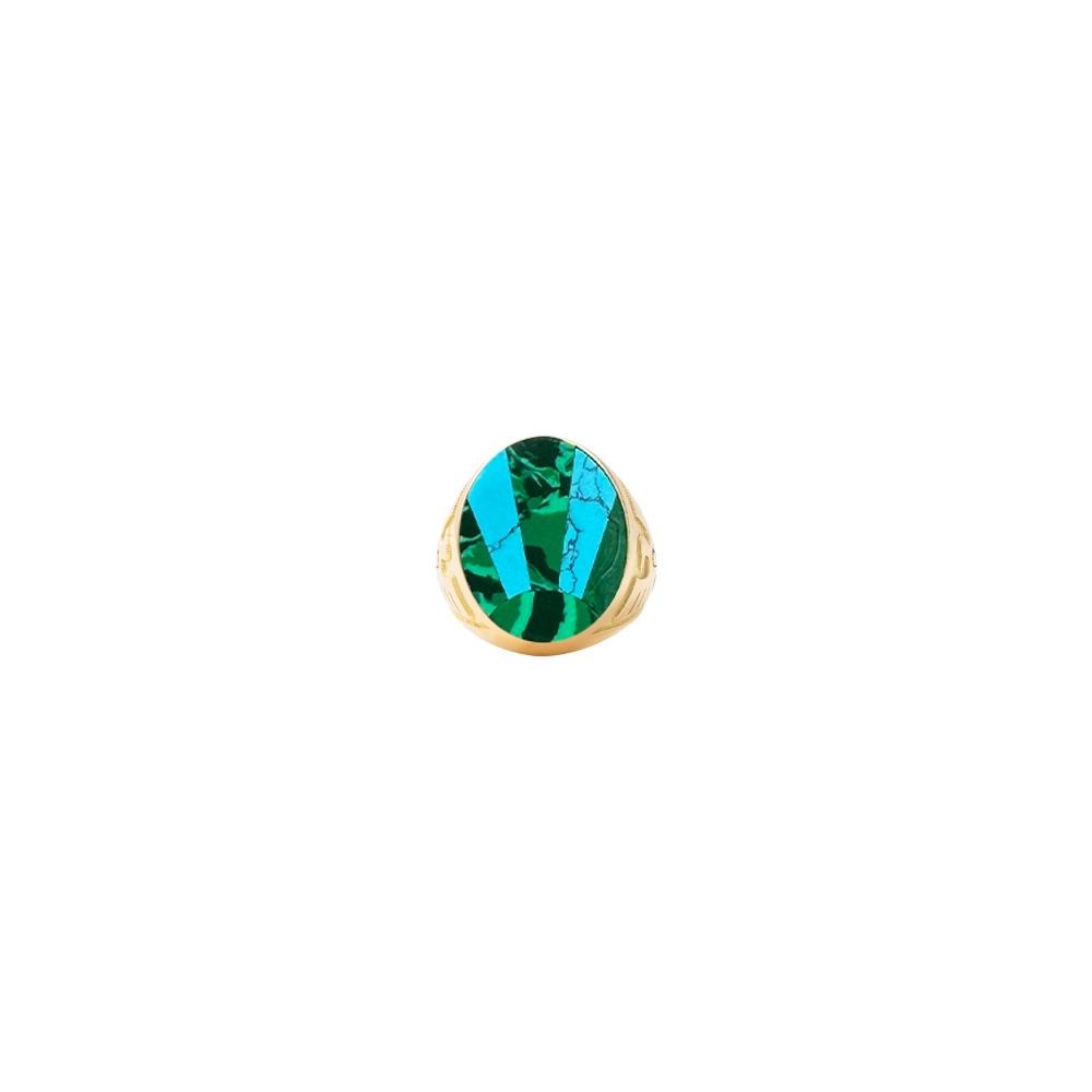 Rising Sun Santa Fe Ring | Malachite and Turquoise | 18K Yellow Gold