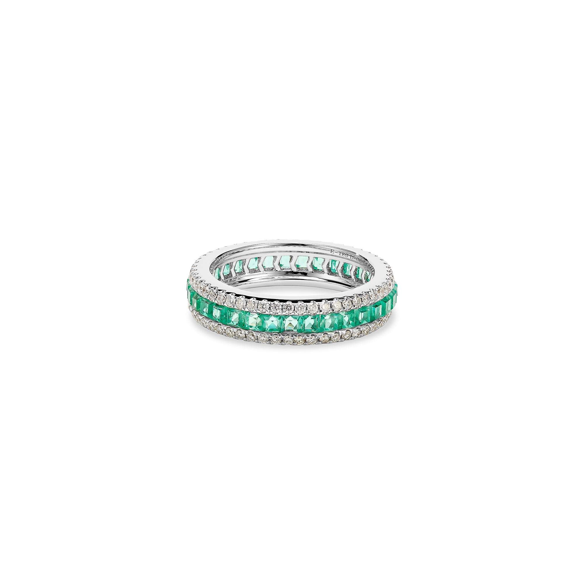 Three Row Diamond Emerald Ring