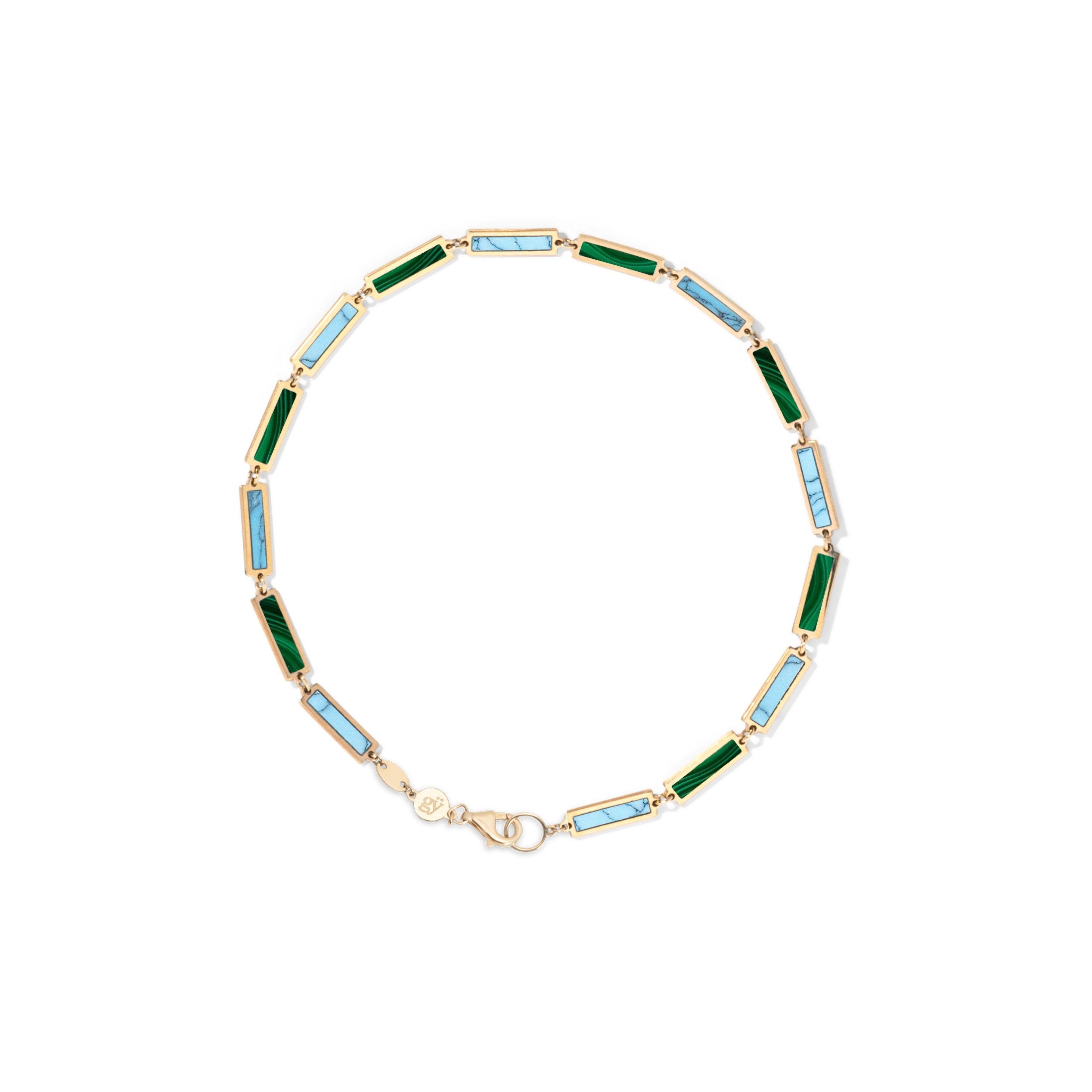 Malachite and Turquoise Bar Bracelet | 14K Yellow Gold