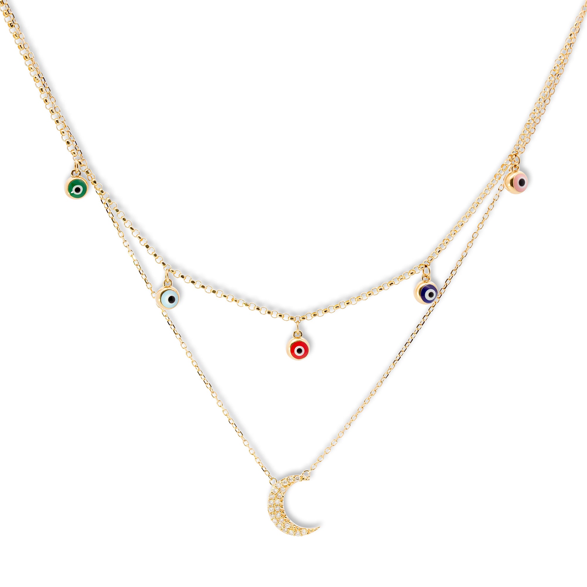 Enamel Evil Eye and Diamond Moon Necklace