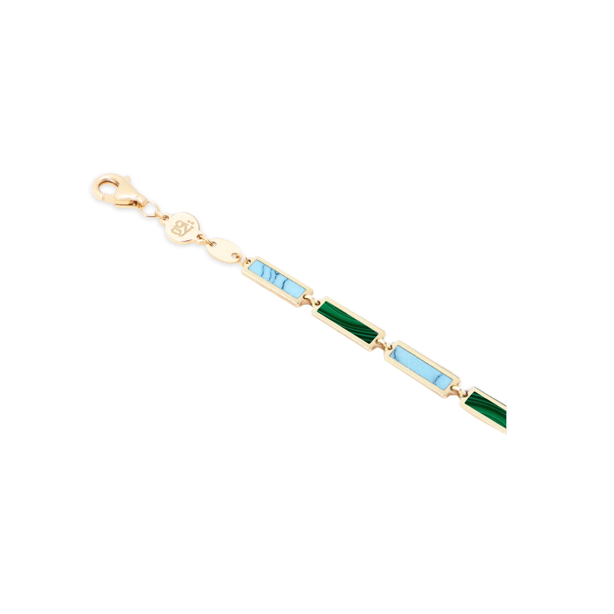 Malachite and Turquoise Bar Bracelet | 14K Yellow Gold