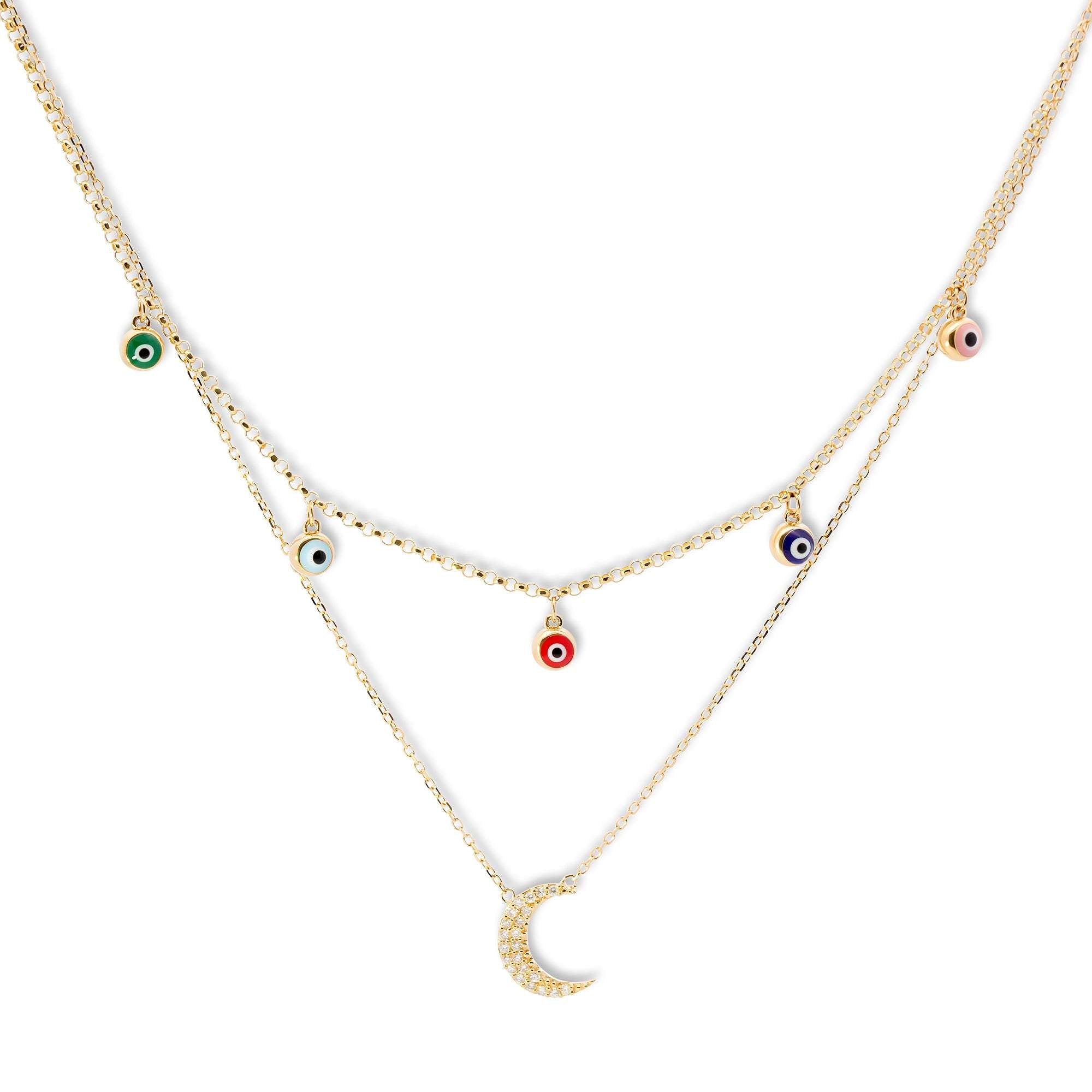 Enamel Evil Eye and Diamond Moon Necklace