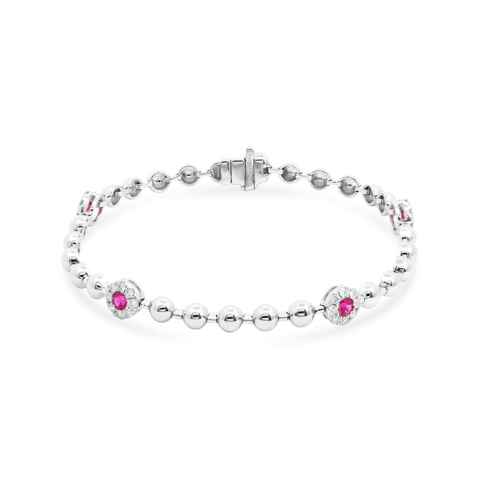 Diamond and Ruby Flower Ball Chain Bracelet