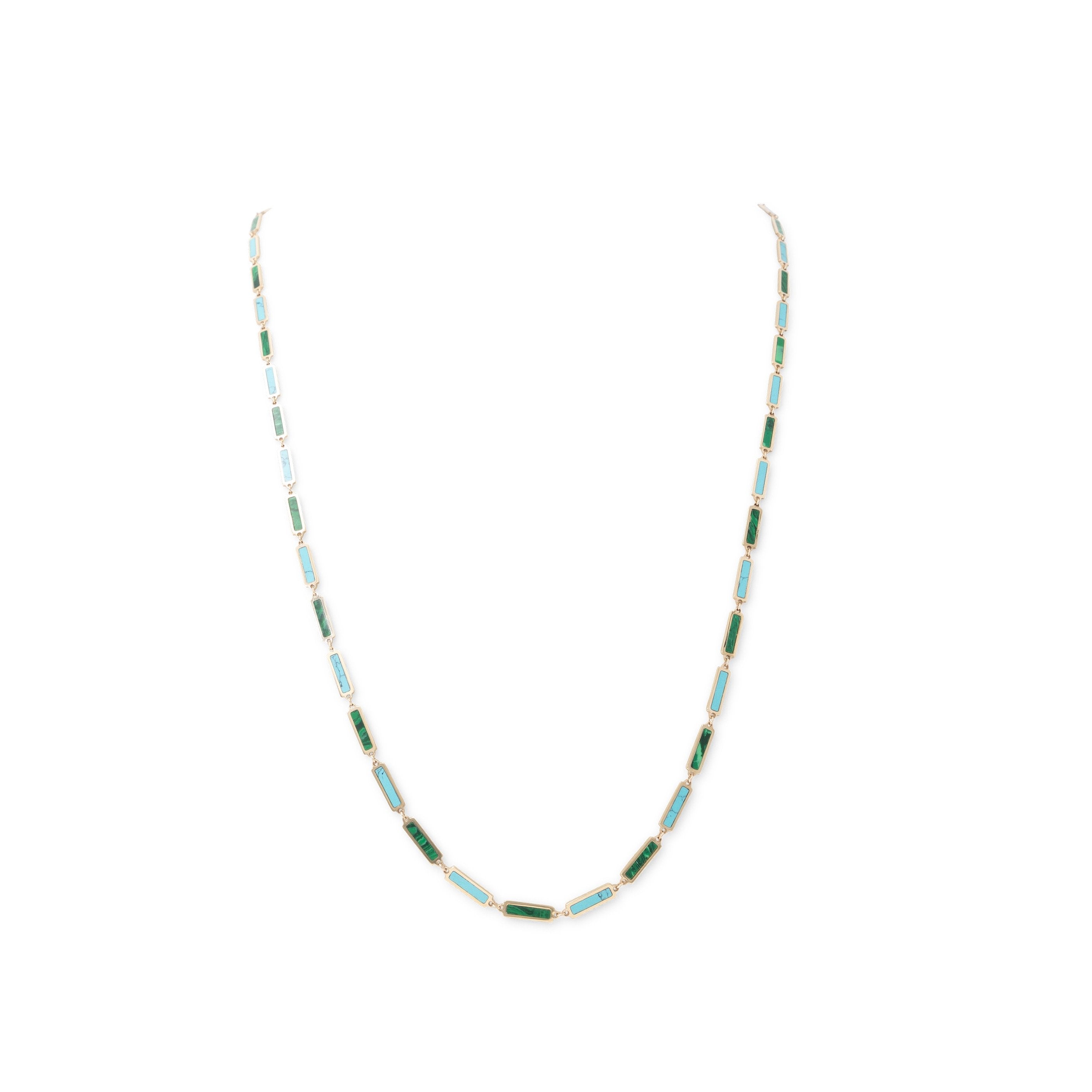 Malachite and Turquoise Bar Necklace | 14K Yellow Gold